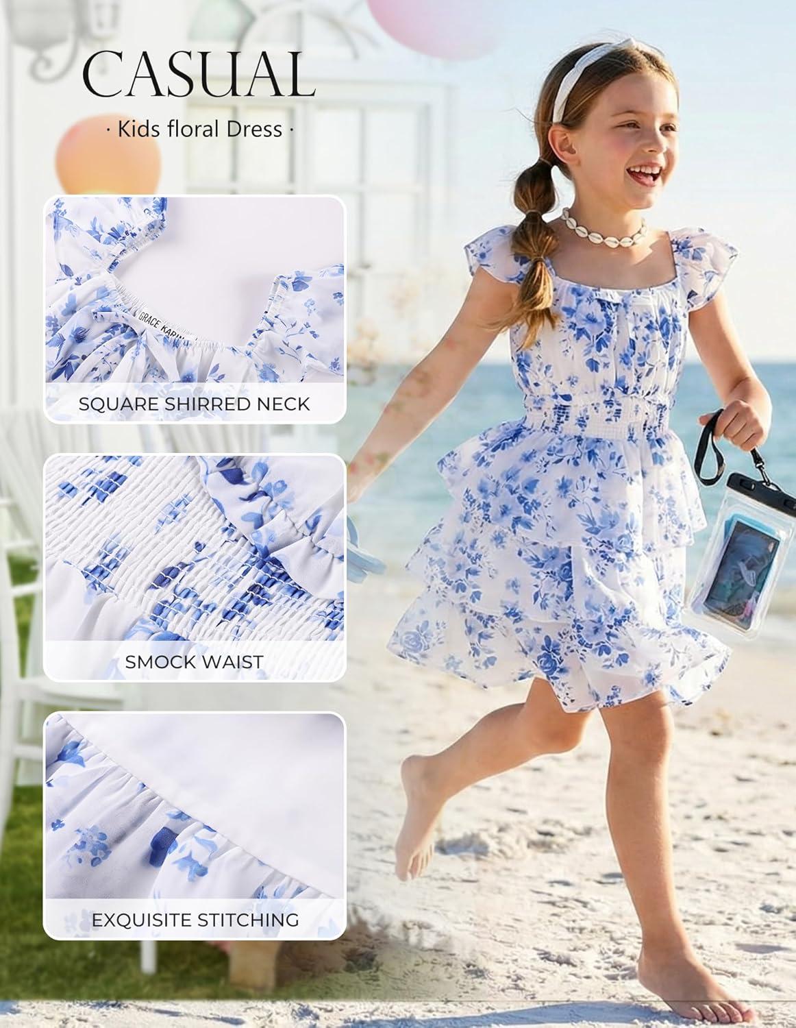 imageGRACE KARIN Girls Spring Summer Floral Dress Teen Ruffle Smocked 3 Layerr Dresses Kids Cute Boho Easter Clothes Size 714Unique Blue Floral