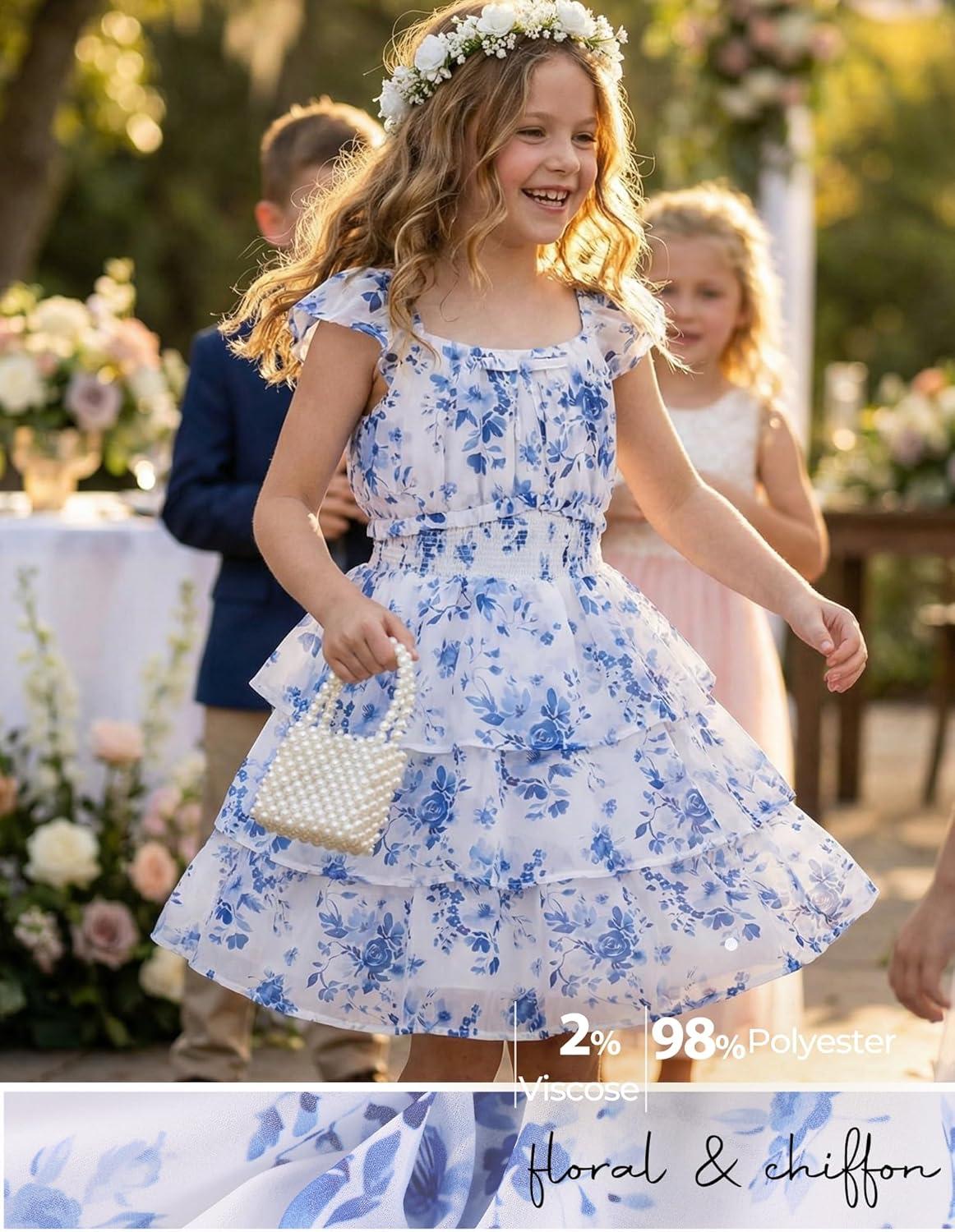imageGRACE KARIN Girls Spring Summer Floral Dress Teen Ruffle Smocked 3 Layerr Dresses Kids Cute Boho Easter Clothes Size 714Unique Blue Floral