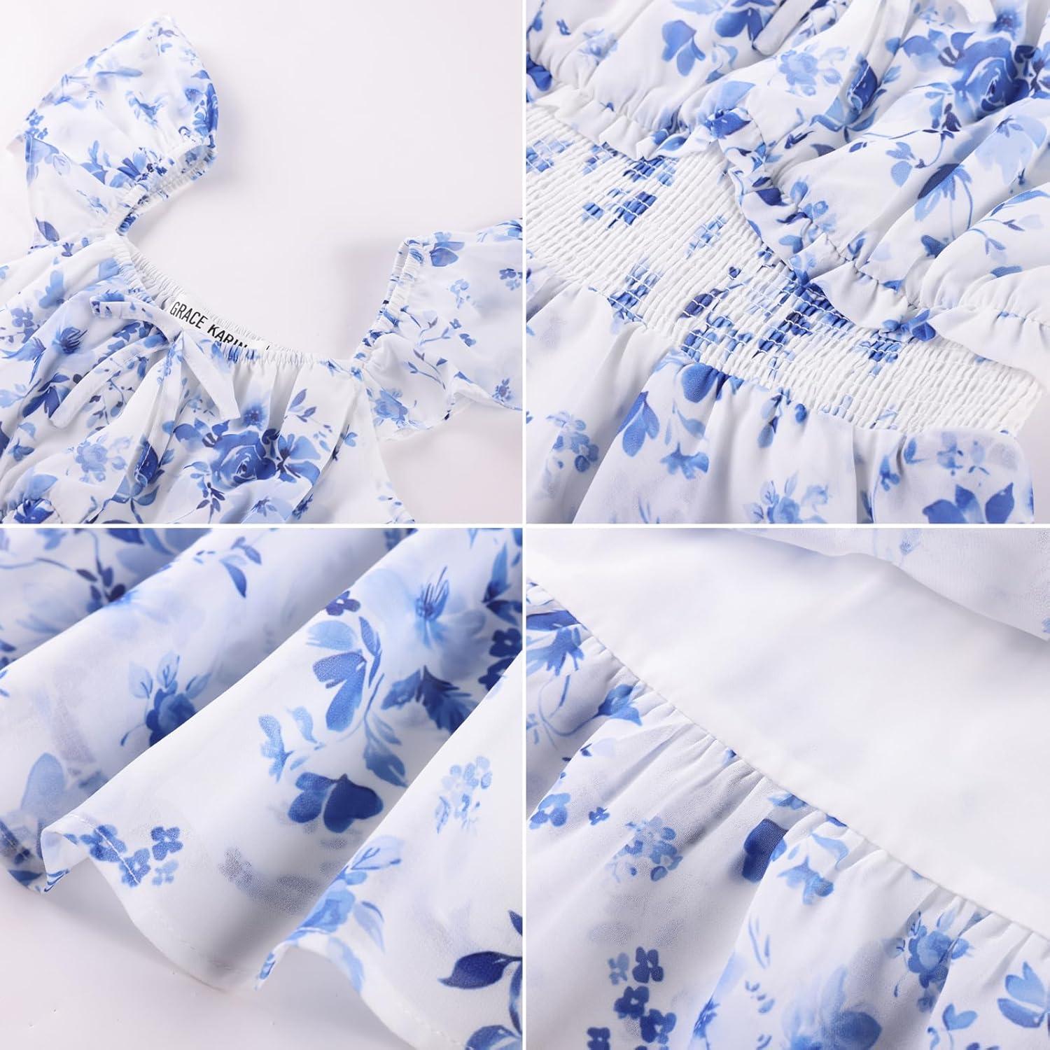 imageGRACE KARIN Girls Spring Summer Floral Dress Teen Ruffle Smocked 3 Layerr Dresses Kids Cute Boho Easter Clothes Size 714Unique Blue Floral