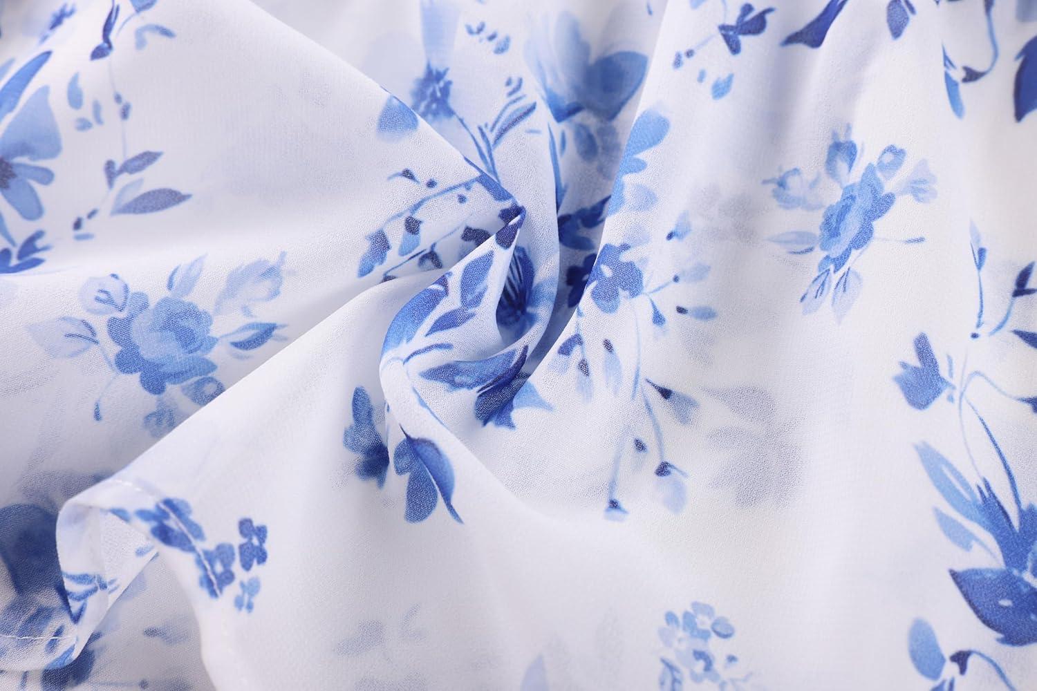 imageGRACE KARIN Girls Spring Summer Floral Dress Teen Ruffle Smocked 3 Layerr Dresses Kids Cute Boho Easter Clothes Size 714Unique Blue Floral