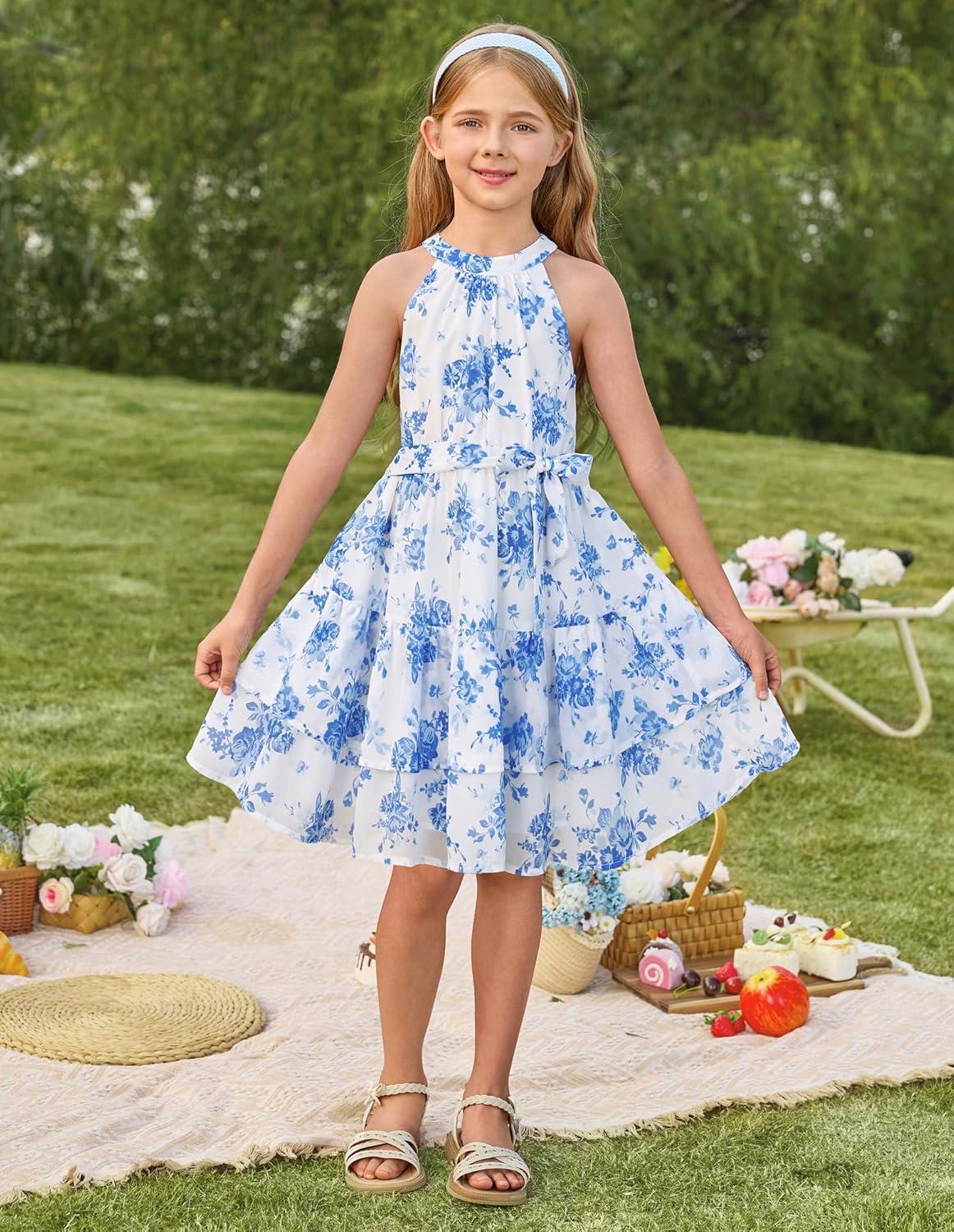 imageGRACE KARIN Girls Summer Beach Dress Floral Hawaiian Halter Chiffon Party Wedding Vacation Sundress 714YBlue Flower