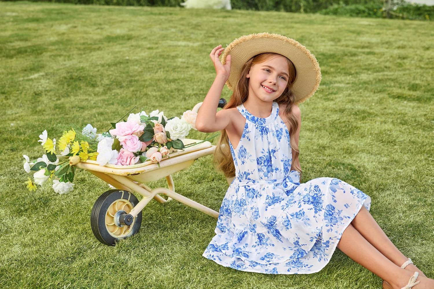 imageGRACE KARIN Girls Summer Beach Dress Floral Hawaiian Halter Chiffon Party Wedding Vacation Sundress 714YBlue Flower
