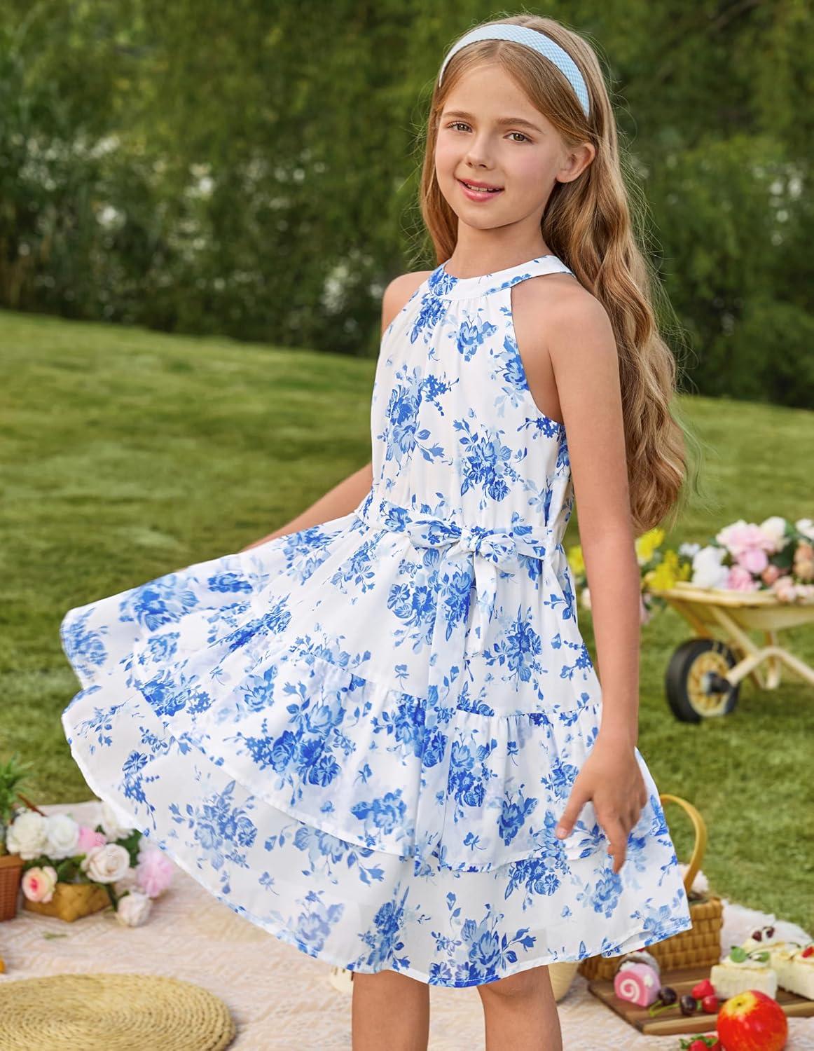 imageGRACE KARIN Girls Summer Beach Dress Floral Hawaiian Halter Chiffon Party Wedding Vacation Sundress 714YBlue Flower
