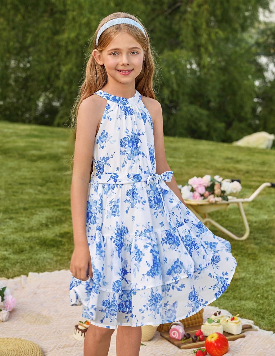 imageGRACE KARIN Girls Summer Beach Dress Floral Hawaiian Halter Chiffon Party Wedding Vacation Sundress 714YBlue Flower