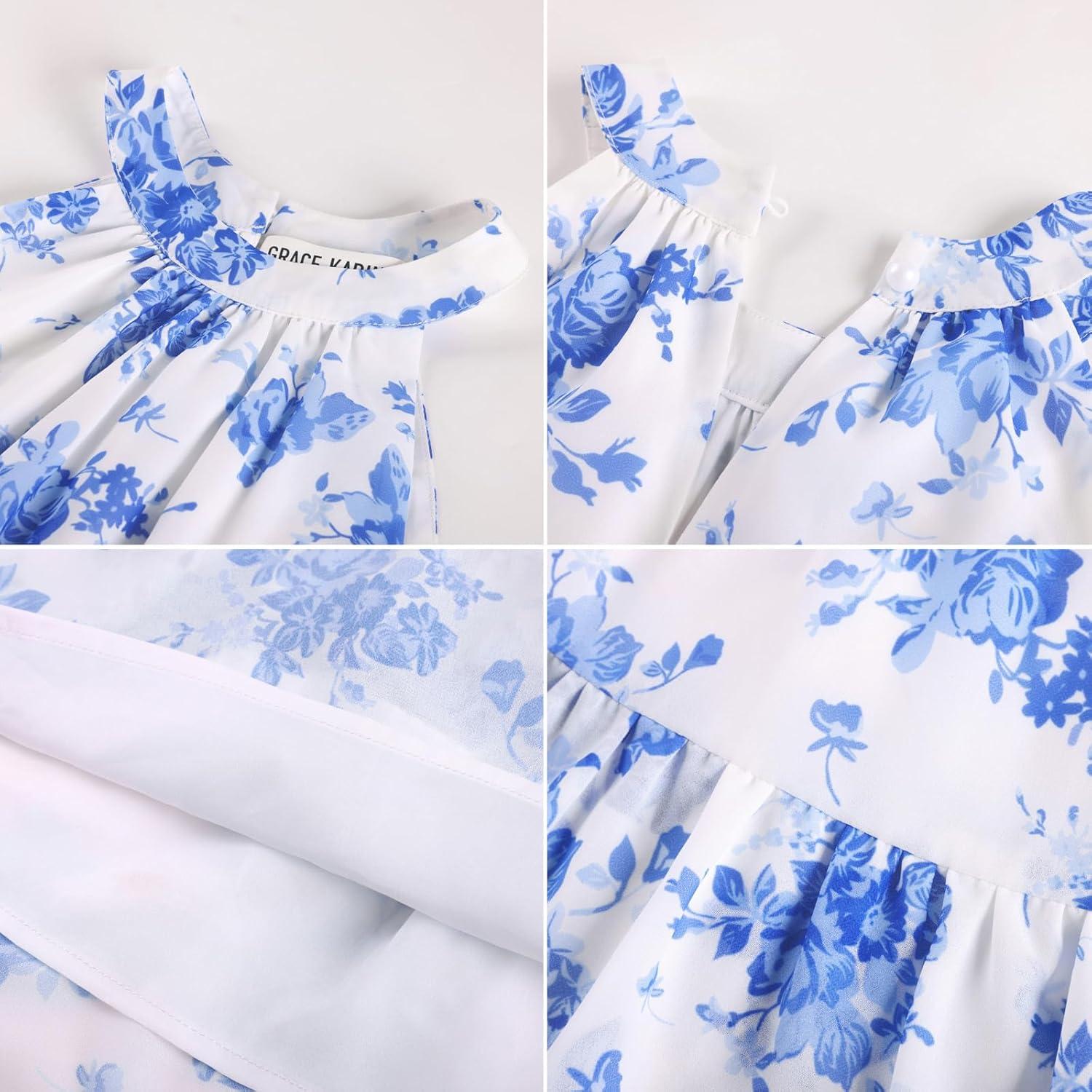 imageGRACE KARIN Girls Summer Beach Dress Floral Hawaiian Halter Chiffon Party Wedding Vacation Sundress 714YBlue Flower
