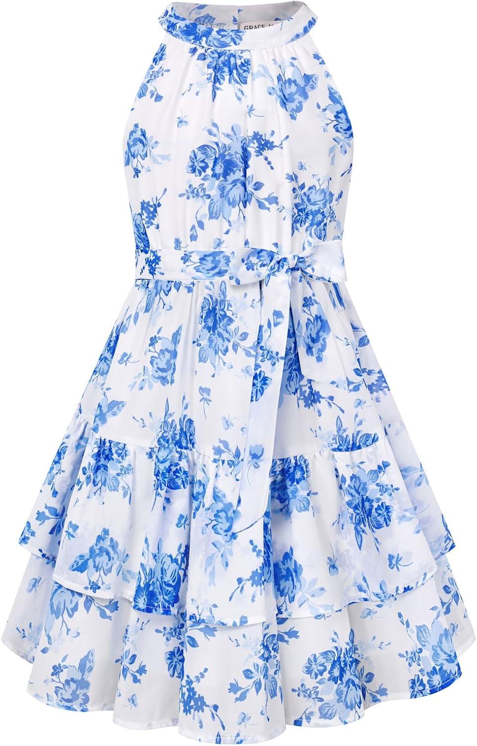 imageGRACE KARIN Girls Summer Beach Dress Floral Hawaiian Halter Chiffon Party Wedding Vacation Sundress 714YBlue Flower