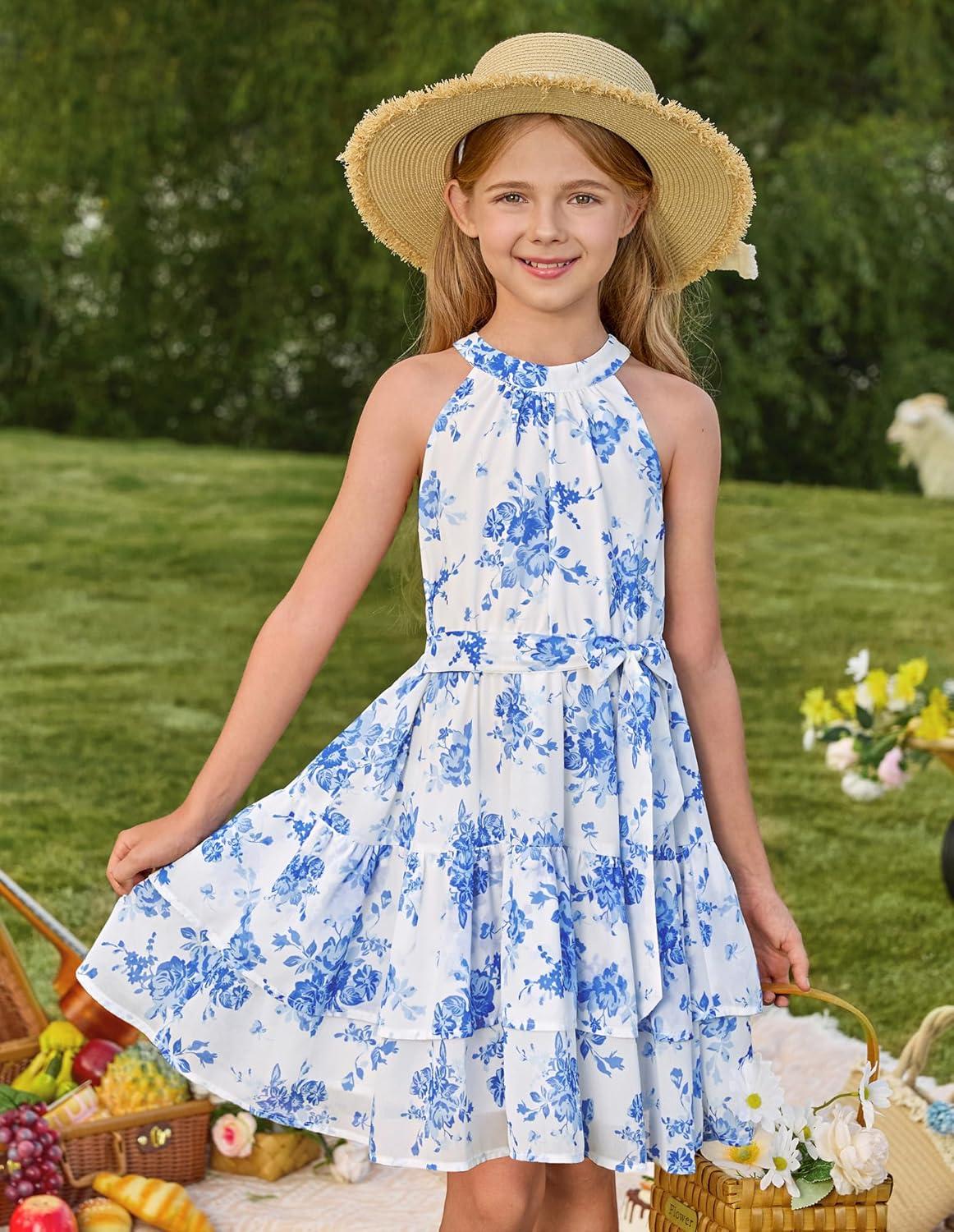 imageGRACE KARIN Girls Summer Beach Dress Floral Hawaiian Halter Chiffon Party Wedding Vacation Sundress 714YBlue Flower
