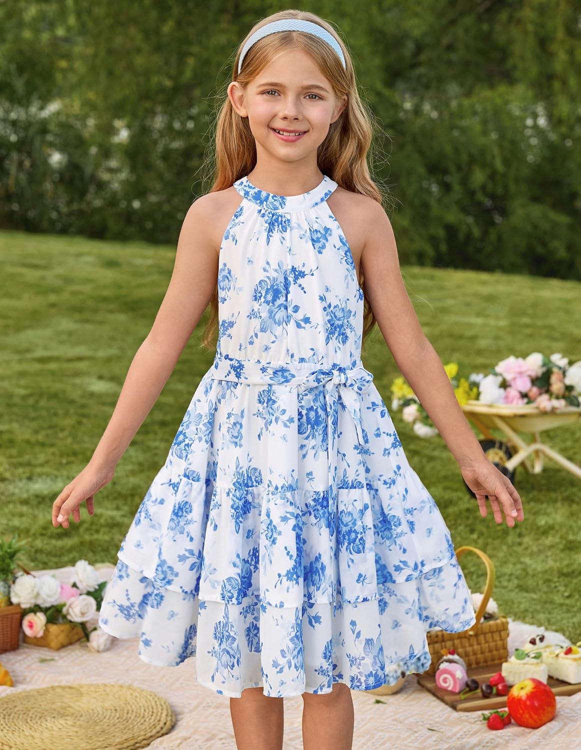 imageGRACE KARIN Girls Summer Beach Dress Floral Hawaiian Halter Chiffon Party Wedding Vacation Sundress 714YBlue Flower