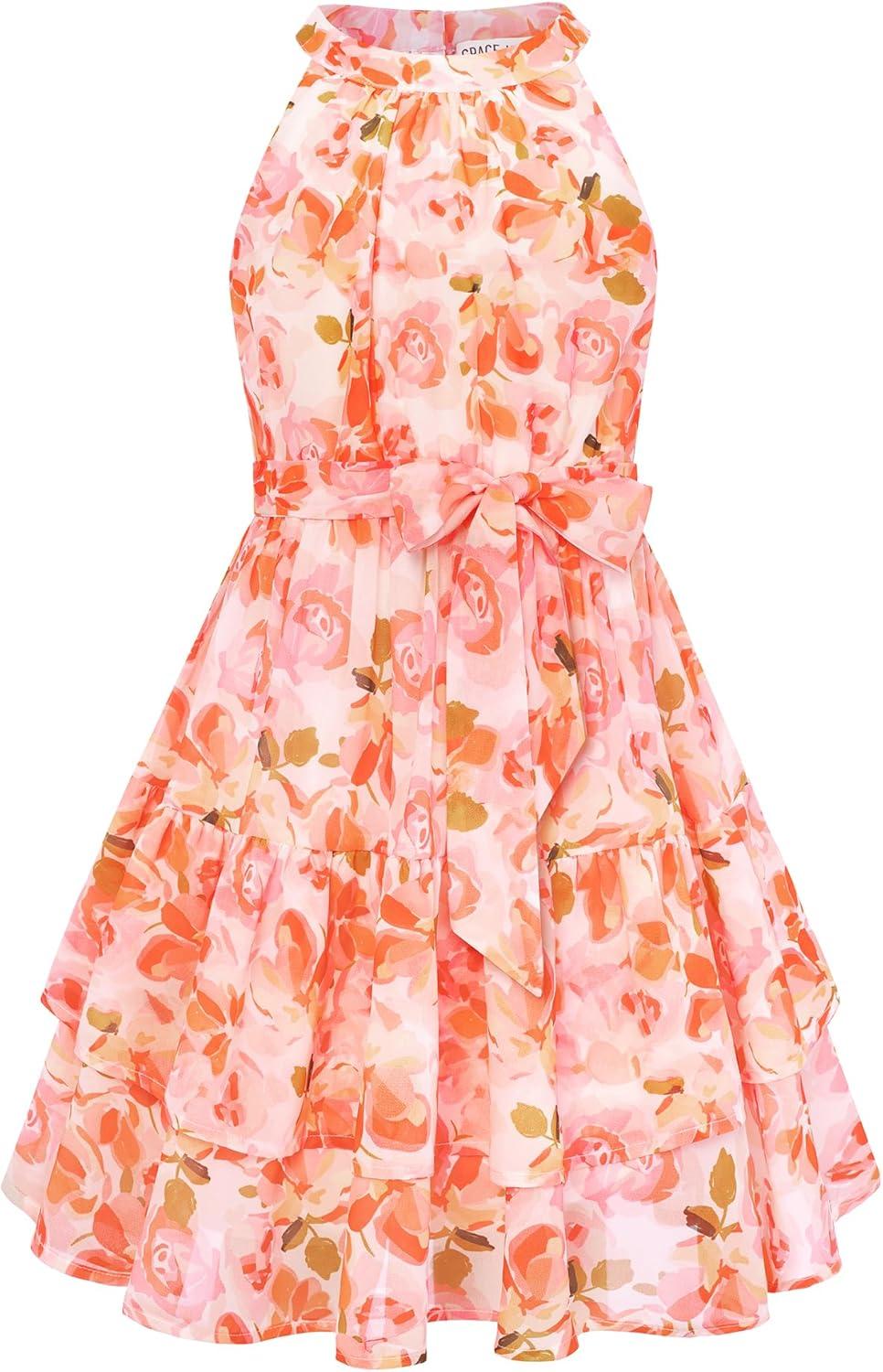 imageGRACE KARIN Girls Summer Beach Dress Floral Hawaiian Halter Chiffon Party Wedding Vacation Sundress 714YBright Orange Floral