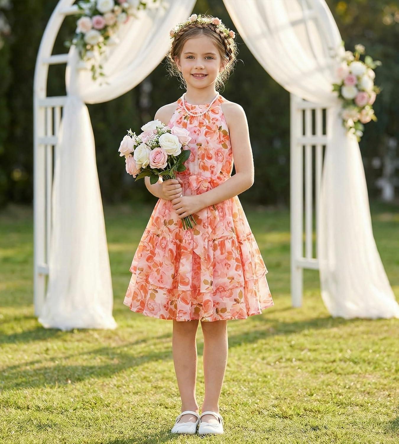 imageGRACE KARIN Girls Summer Beach Dress Floral Hawaiian Halter Chiffon Party Wedding Vacation Sundress 714YBright Orange Floral