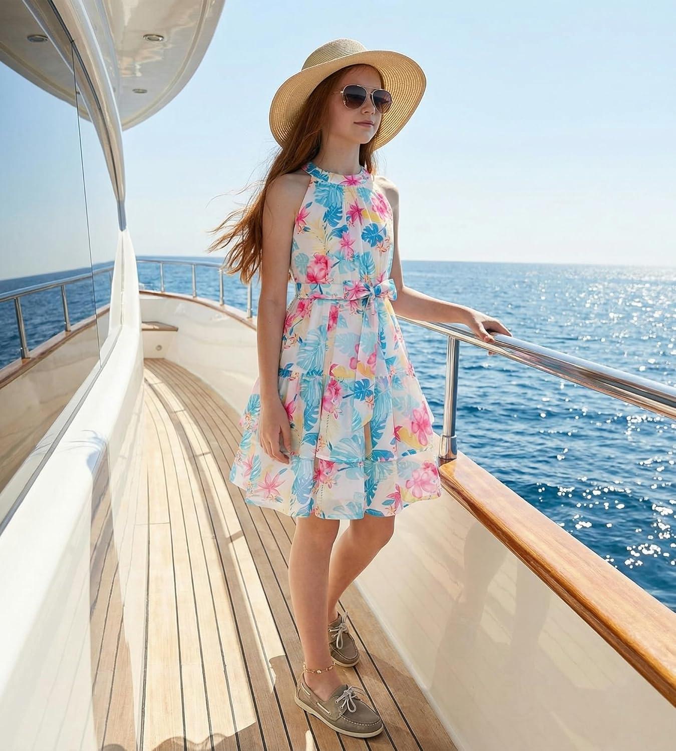 imageGRACE KARIN Girls Summer Beach Dress Floral Hawaiian Halter Chiffon Party Wedding Vacation Sundress 714YLeaf Green Pink Floral