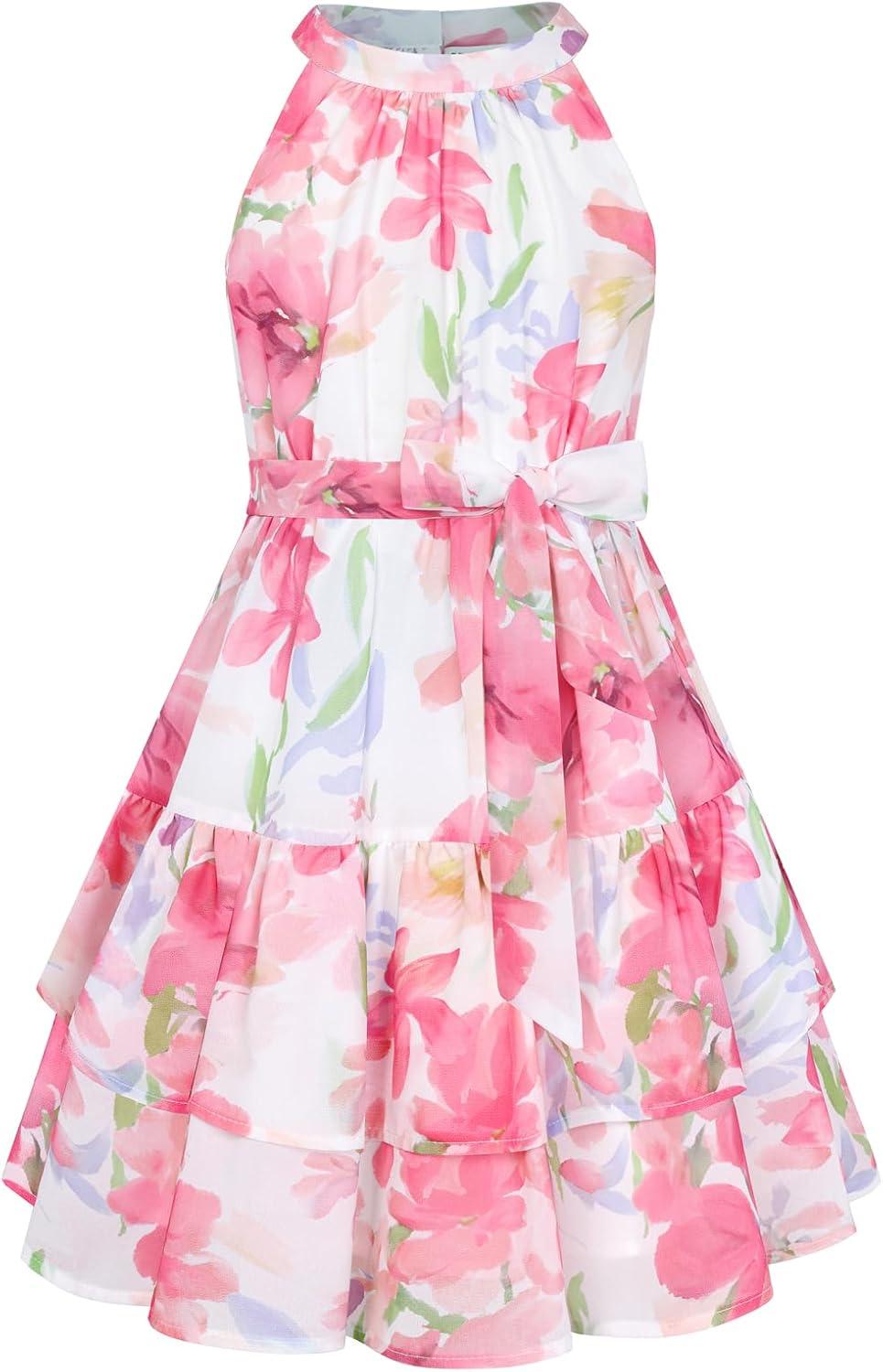 imageGRACE KARIN Girls Summer Beach Dress Floral Hawaiian Halter Chiffon Party Wedding Vacation Sundress 714YPink Flower