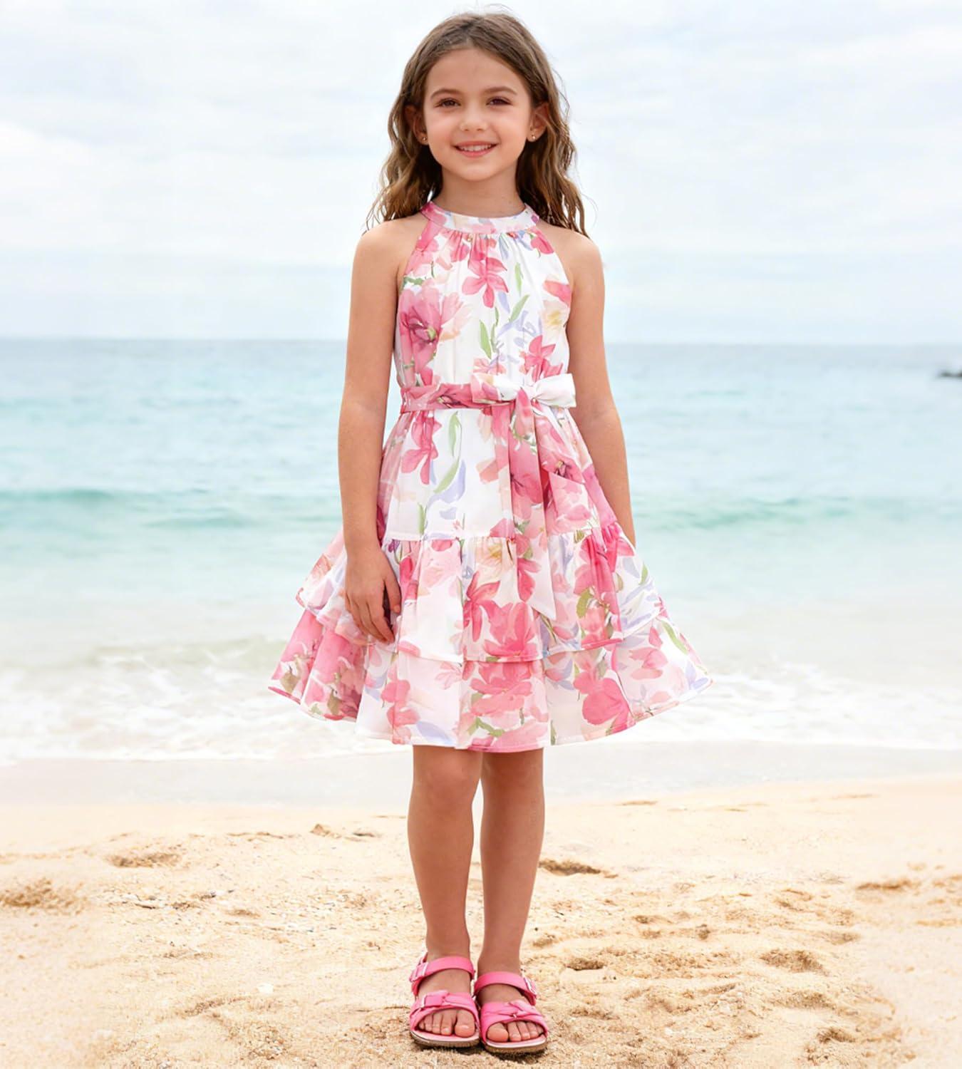 imageGRACE KARIN Girls Summer Beach Dress Floral Hawaiian Halter Chiffon Party Wedding Vacation Sundress 714YPink Flower
