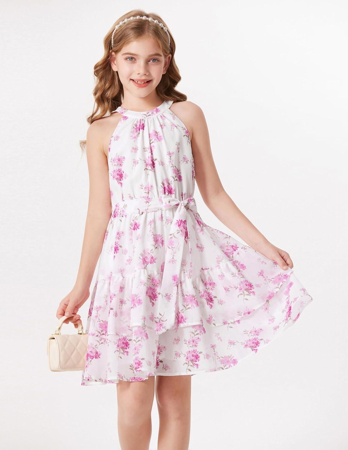 imageGRACE KARIN Girls Summer Beach Dress Floral Hawaiian Halter Chiffon Party Wedding Vacation Sundress 714YPurple Flower