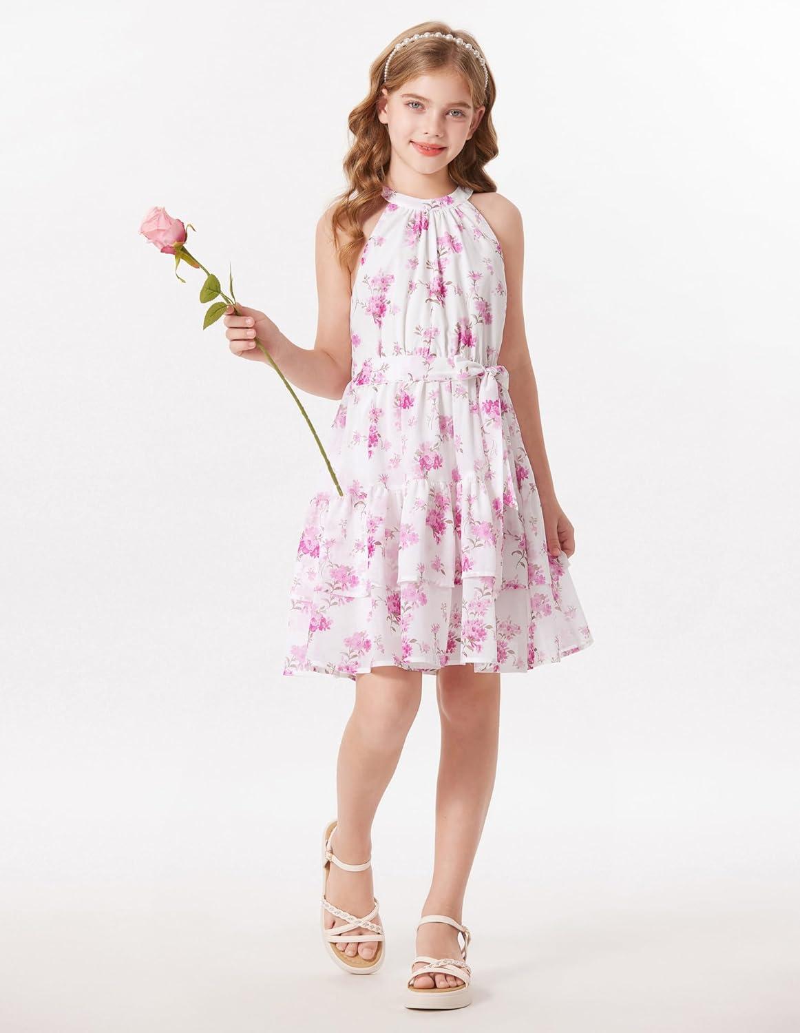 imageGRACE KARIN Girls Summer Beach Dress Floral Hawaiian Halter Chiffon Party Wedding Vacation Sundress 714YPurple Flower