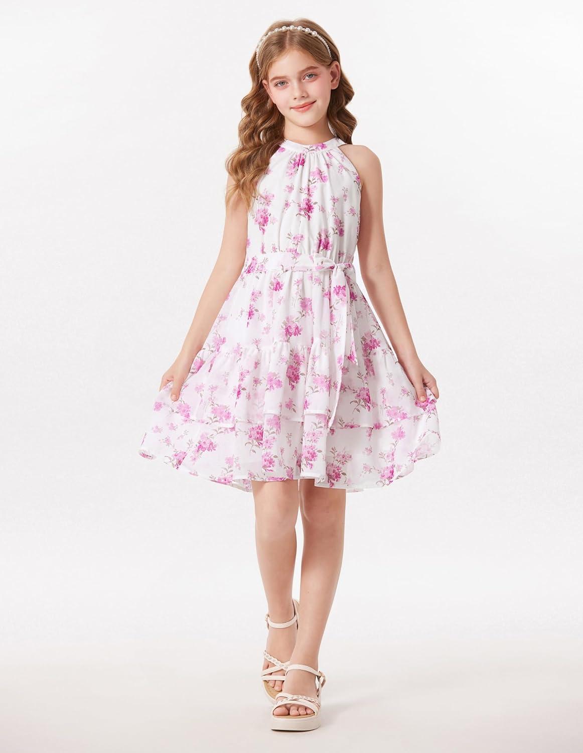 imageGRACE KARIN Girls Summer Beach Dress Floral Hawaiian Halter Chiffon Party Wedding Vacation Sundress 714YPurple Flower