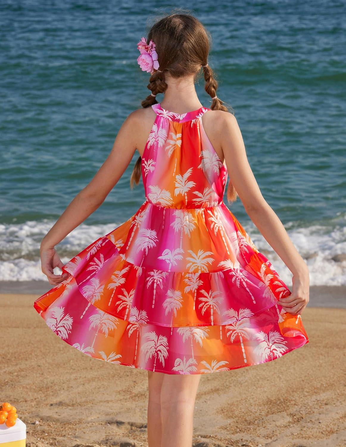 imageGRACE KARIN Girls Summer Beach Dress Floral Hawaiian Halter Chiffon Party Wedding Vacation Sundress 714YRainbow Coconut Tree