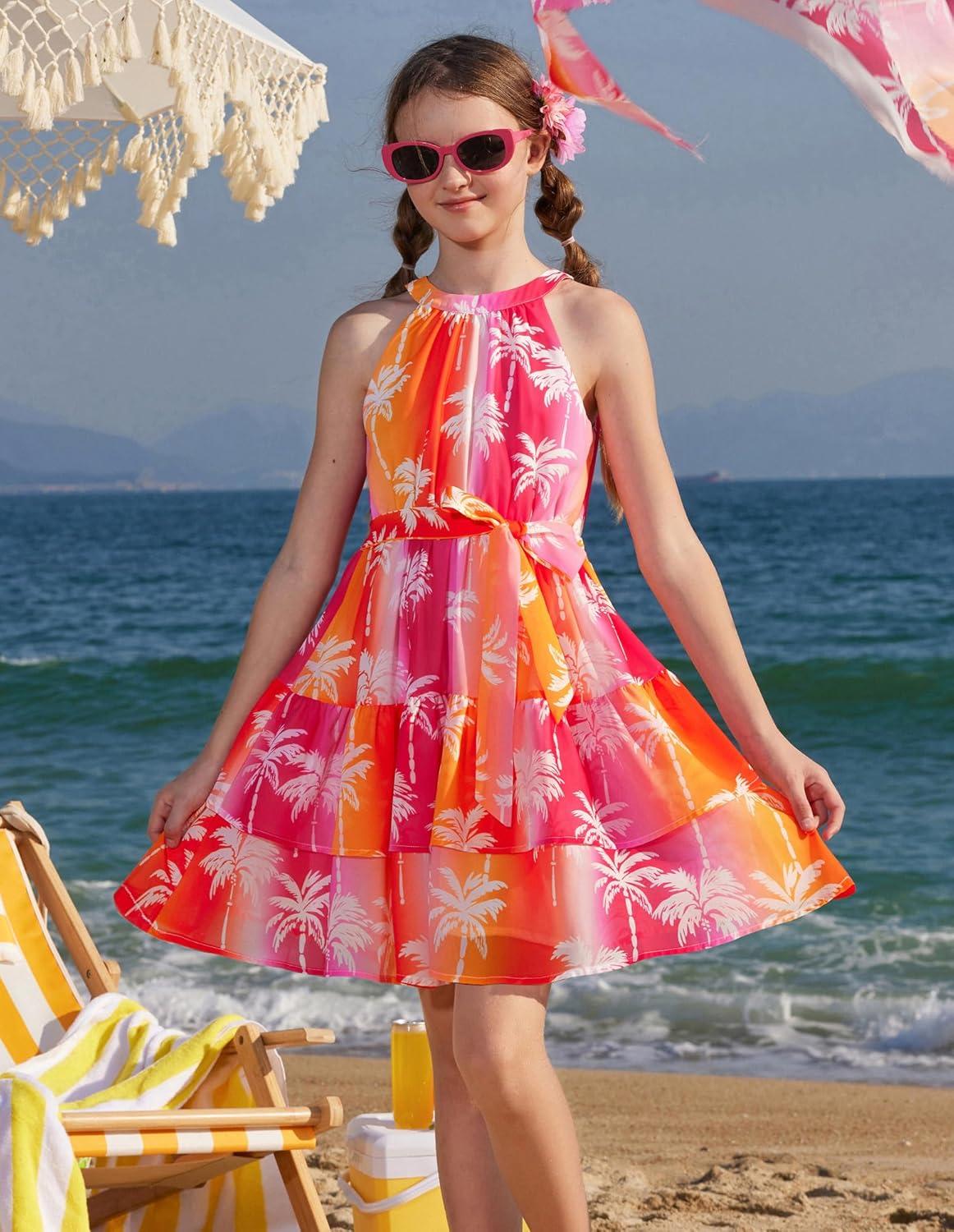 imageGRACE KARIN Girls Summer Beach Dress Floral Hawaiian Halter Chiffon Party Wedding Vacation Sundress 714YRainbow Coconut Tree