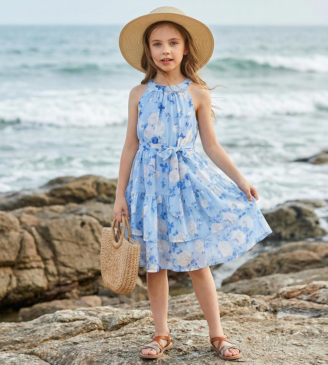 imageGRACE KARIN Girls Summer Beach Dress Floral Hawaiian Halter Chiffon Party Wedding Vacation Sundress 714YSky Blue White Floral