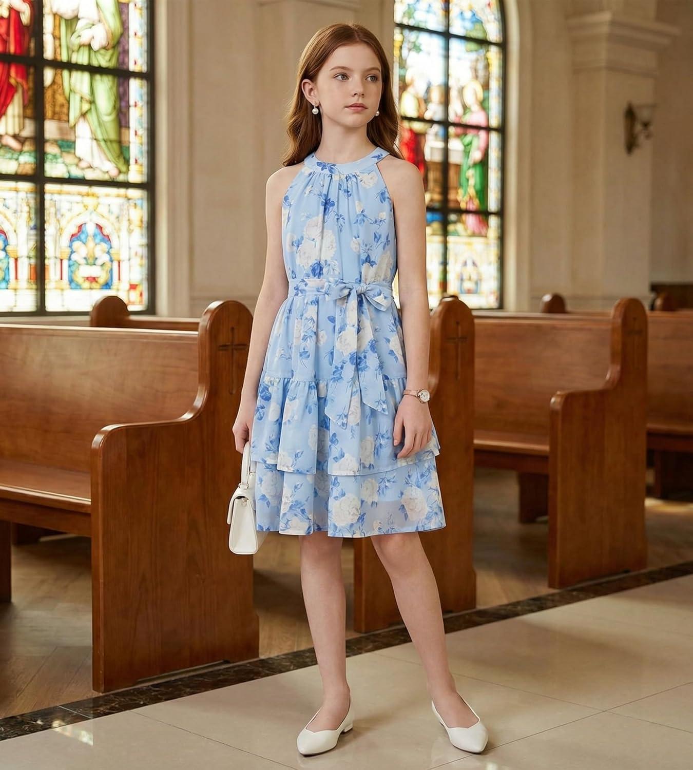 imageGRACE KARIN Girls Summer Beach Dress Floral Hawaiian Halter Chiffon Party Wedding Vacation Sundress 714YSky Blue White Floral