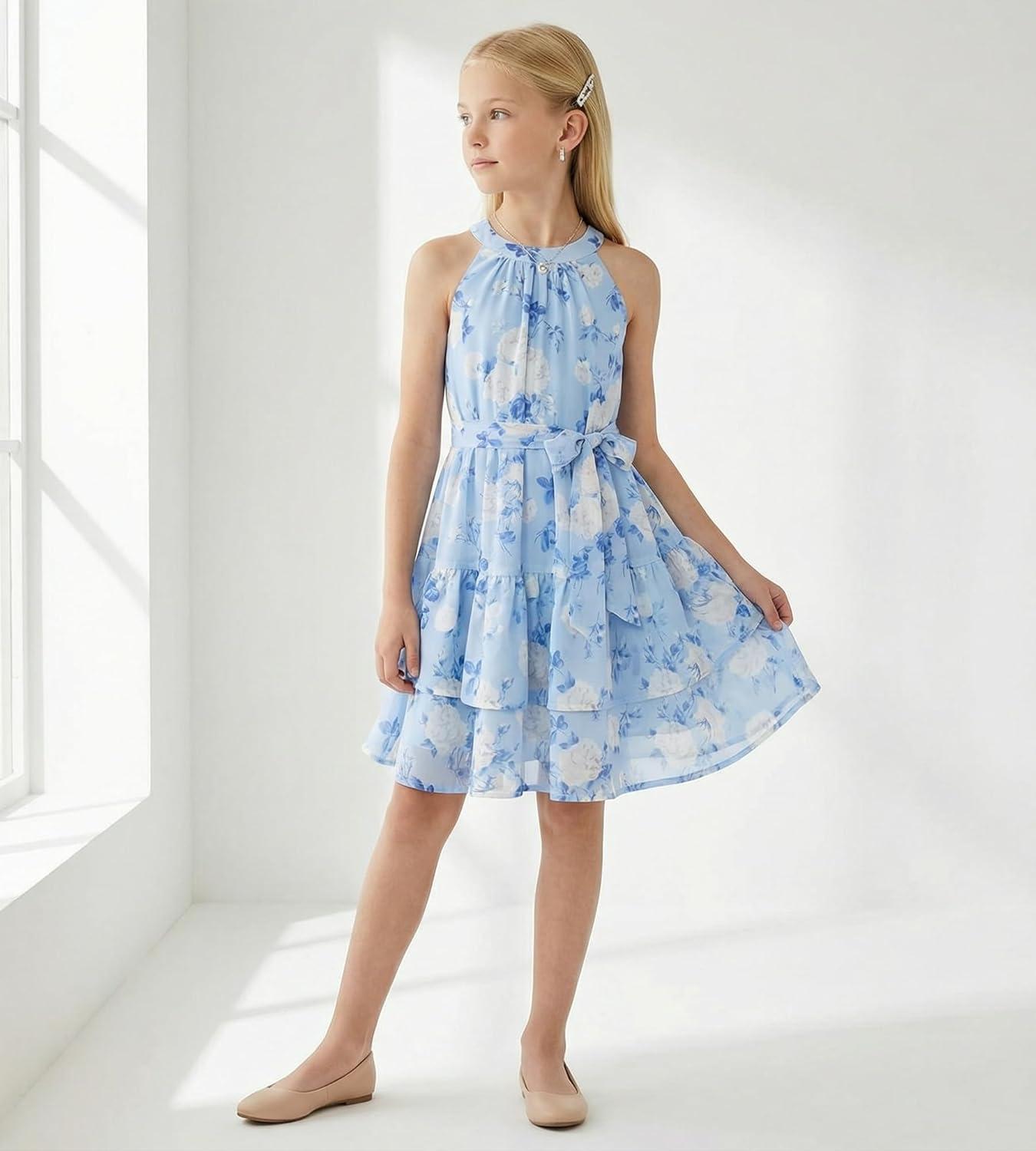 imageGRACE KARIN Girls Summer Beach Dress Floral Hawaiian Halter Chiffon Party Wedding Vacation Sundress 714YSky Blue White Floral