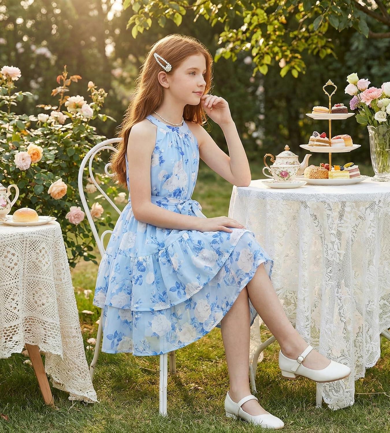 imageGRACE KARIN Girls Summer Beach Dress Floral Hawaiian Halter Chiffon Party Wedding Vacation Sundress 714YSky Blue White Floral