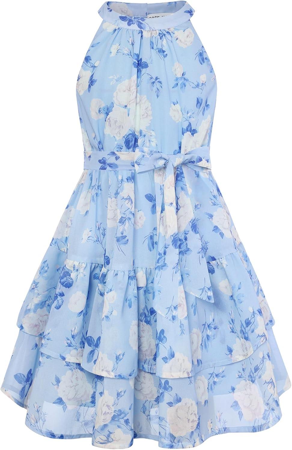 imageGRACE KARIN Girls Summer Beach Dress Floral Hawaiian Halter Chiffon Party Wedding Vacation Sundress 714YSky Blue White Floral