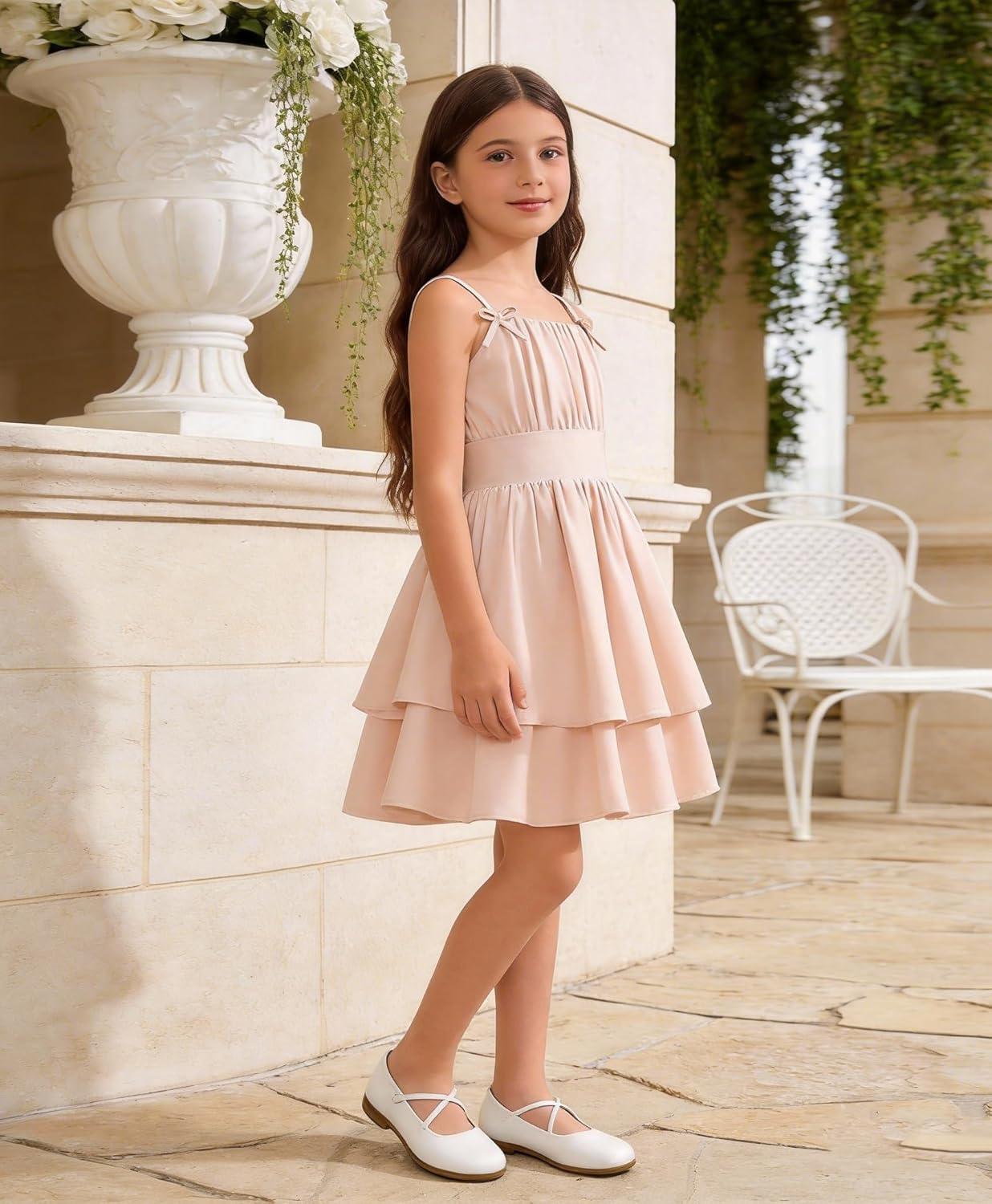 imageGRACE KARIN Girls Summer Cami Dress Casual Party Beach Spaghetti Strap Flowy Tiered Ruched Sundress 714YearsApricot
