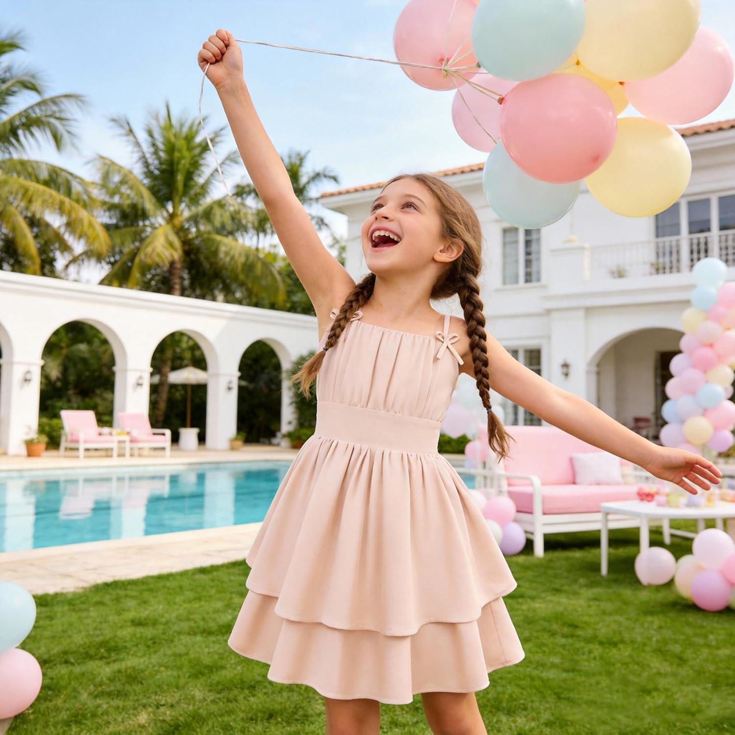 imageGRACE KARIN Girls Summer Cami Dress Casual Party Beach Spaghetti Strap Flowy Tiered Ruched Sundress 714YearsApricot