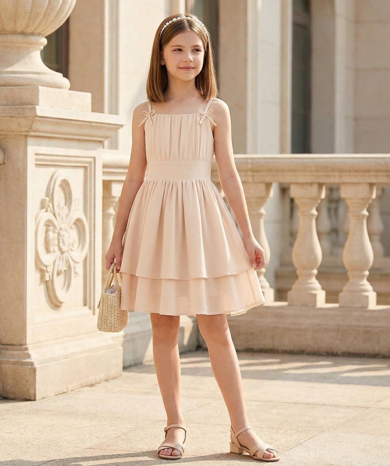 imageGRACE KARIN Girls Summer Cami Dress Casual Party Beach Spaghetti Strap Flowy Tiered Ruched Sundress 714YearsApricot