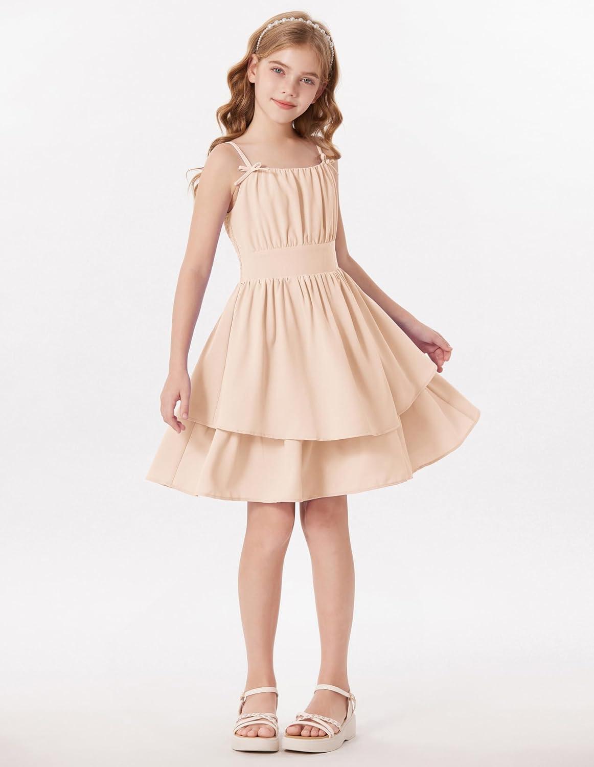 imageGRACE KARIN Girls Summer Cami Dress Casual Party Beach Spaghetti Strap Flowy Tiered Ruched Sundress 714YearsApricot