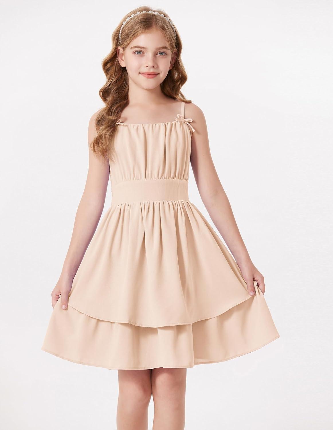 imageGRACE KARIN Girls Summer Cami Dress Casual Party Beach Spaghetti Strap Flowy Tiered Ruched Sundress 714YearsApricot