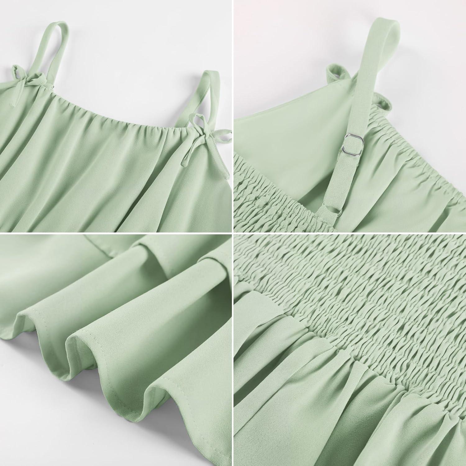 imageGRACE KARIN Girls Summer Cami Dress Casual Party Beach Spaghetti Strap Flowy Tiered Ruched Sundress 714YearsLight Green