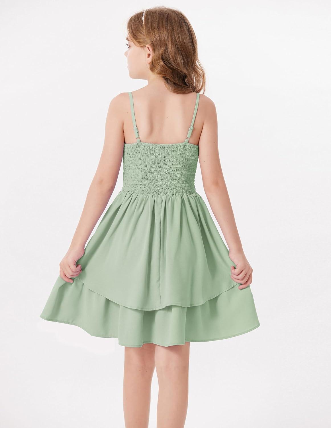 imageGRACE KARIN Girls Summer Cami Dress Casual Party Beach Spaghetti Strap Flowy Tiered Ruched Sundress 714YearsLight Green