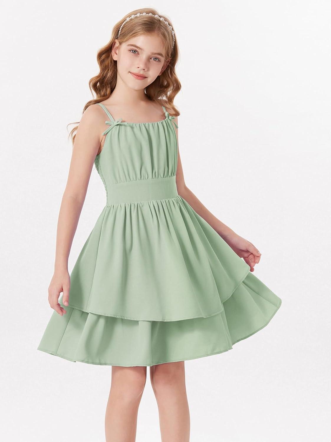 imageGRACE KARIN Girls Summer Cami Dress Casual Party Beach Spaghetti Strap Flowy Tiered Ruched Sundress 714YearsLight Green