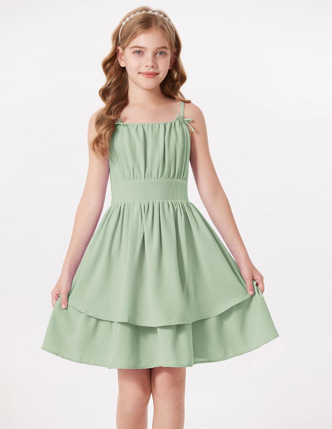 imageGRACE KARIN Girls Summer Cami Dress Casual Party Beach Spaghetti Strap Flowy Tiered Ruched Sundress 714YearsLight Green