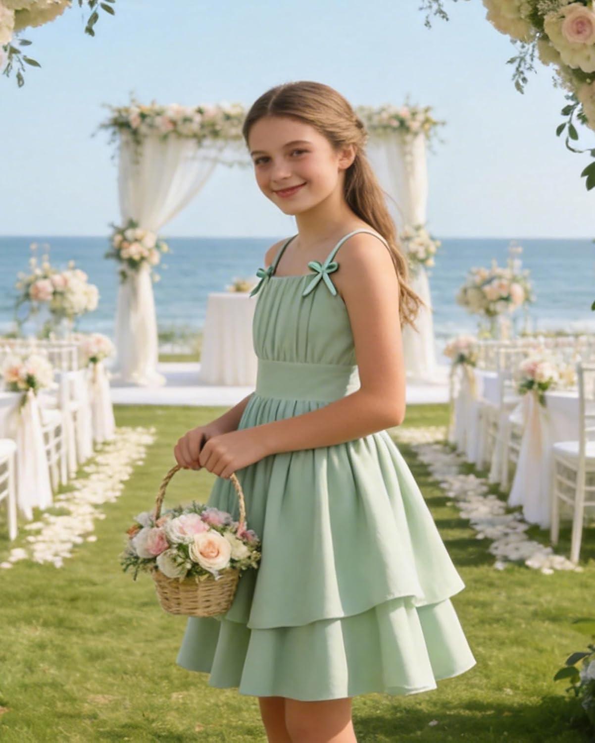 imageGRACE KARIN Girls Summer Cami Dress Casual Party Beach Spaghetti Strap Flowy Tiered Ruched Sundress 714YearsLight Green