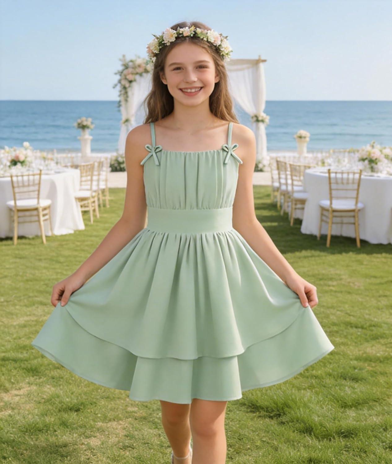 imageGRACE KARIN Girls Summer Cami Dress Casual Party Beach Spaghetti Strap Flowy Tiered Ruched Sundress 714YearsLight Green