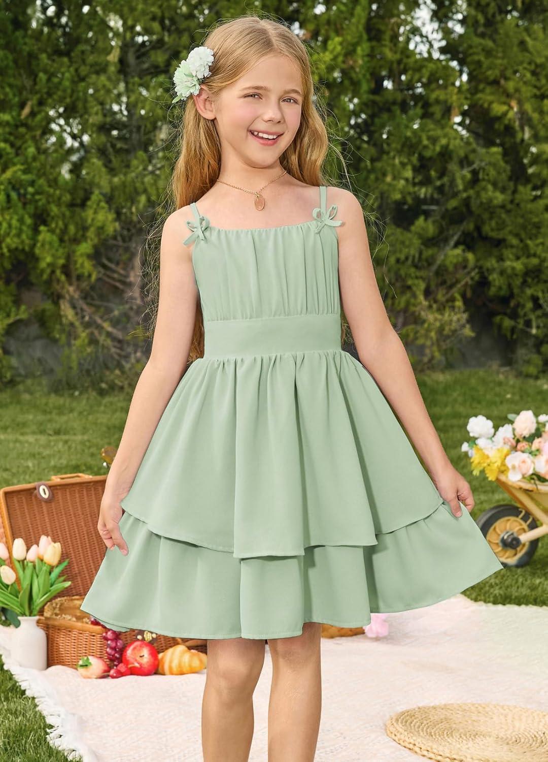 imageGRACE KARIN Girls Summer Cami Dress Casual Party Beach Spaghetti Strap Flowy Tiered Ruched Sundress 714YearsLight Green