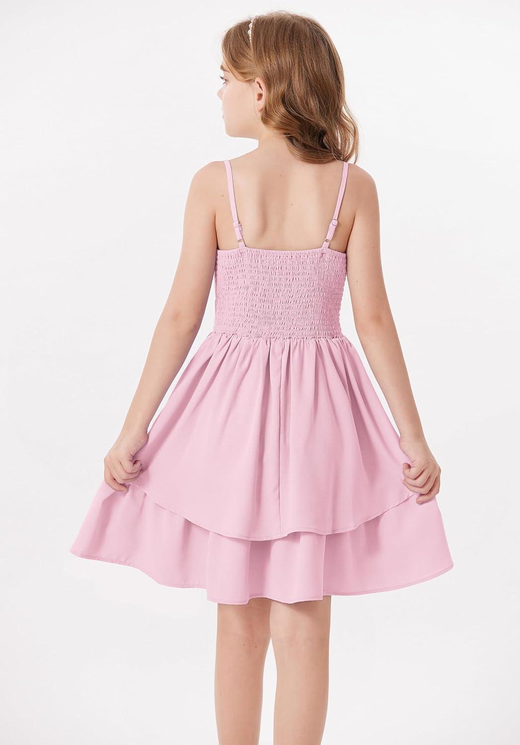 imageGRACE KARIN Girls Summer Cami Dress Casual Party Beach Spaghetti Strap Flowy Tiered Ruched Sundress 714YearsLight Pink