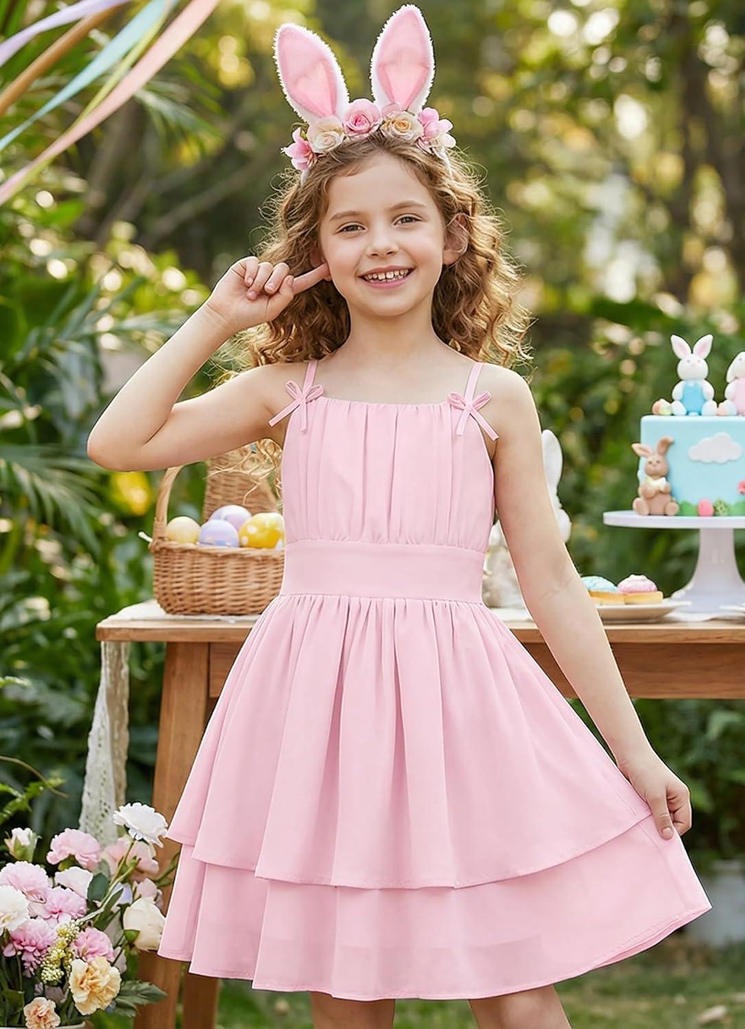 imageGRACE KARIN Girls Summer Cami Dress Casual Party Beach Spaghetti Strap Flowy Tiered Ruched Sundress 714YearsLight Pink