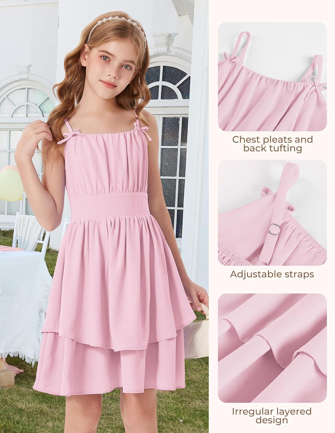 imageGRACE KARIN Girls Summer Cami Dress Casual Party Beach Spaghetti Strap Flowy Tiered Ruched Sundress 714YearsLight Pink