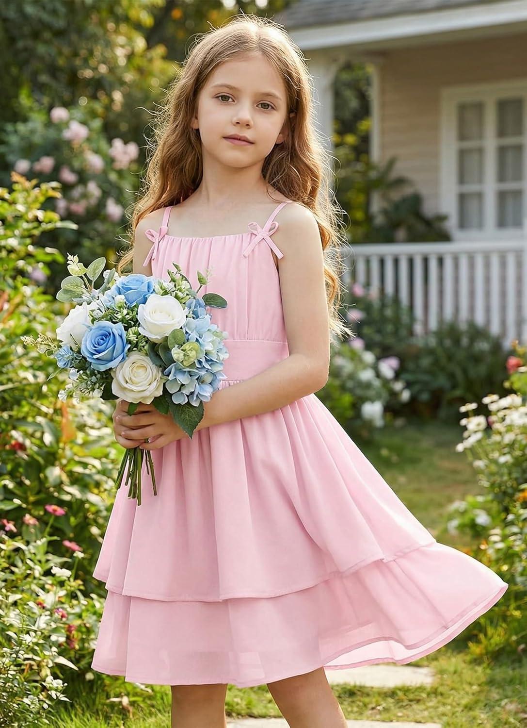 imageGRACE KARIN Girls Summer Cami Dress Casual Party Beach Spaghetti Strap Flowy Tiered Ruched Sundress 714YearsLight Pink