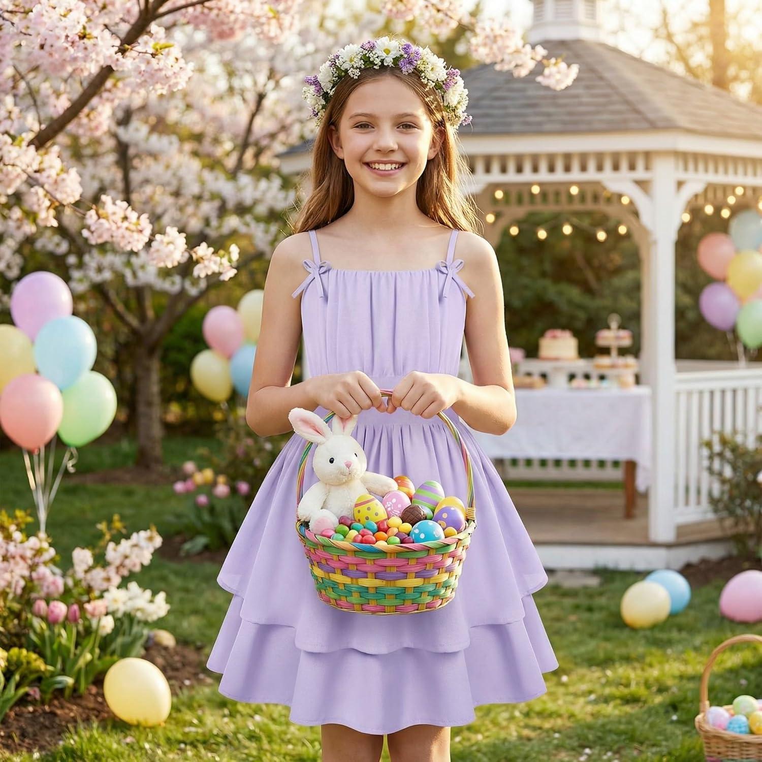 imageGRACE KARIN Girls Summer Cami Dress Casual Party Beach Spaghetti Strap Flowy Tiered Ruched Sundress 714YearsLight Purple
