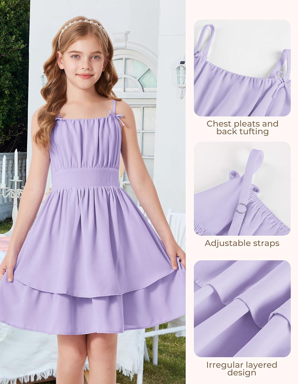 imageGRACE KARIN Girls Summer Cami Dress Casual Party Beach Spaghetti Strap Flowy Tiered Ruched Sundress 714YearsLight Purple