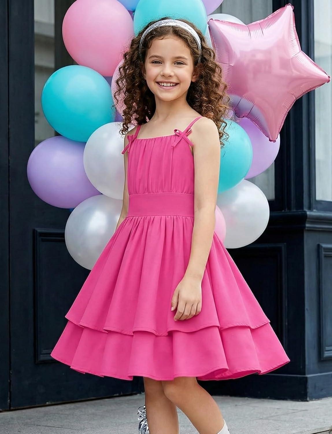 imageGRACE KARIN Girls Summer Cami Dress Casual Party Beach Spaghetti Strap Flowy Tiered Ruched Sundress 714YearsRose Red