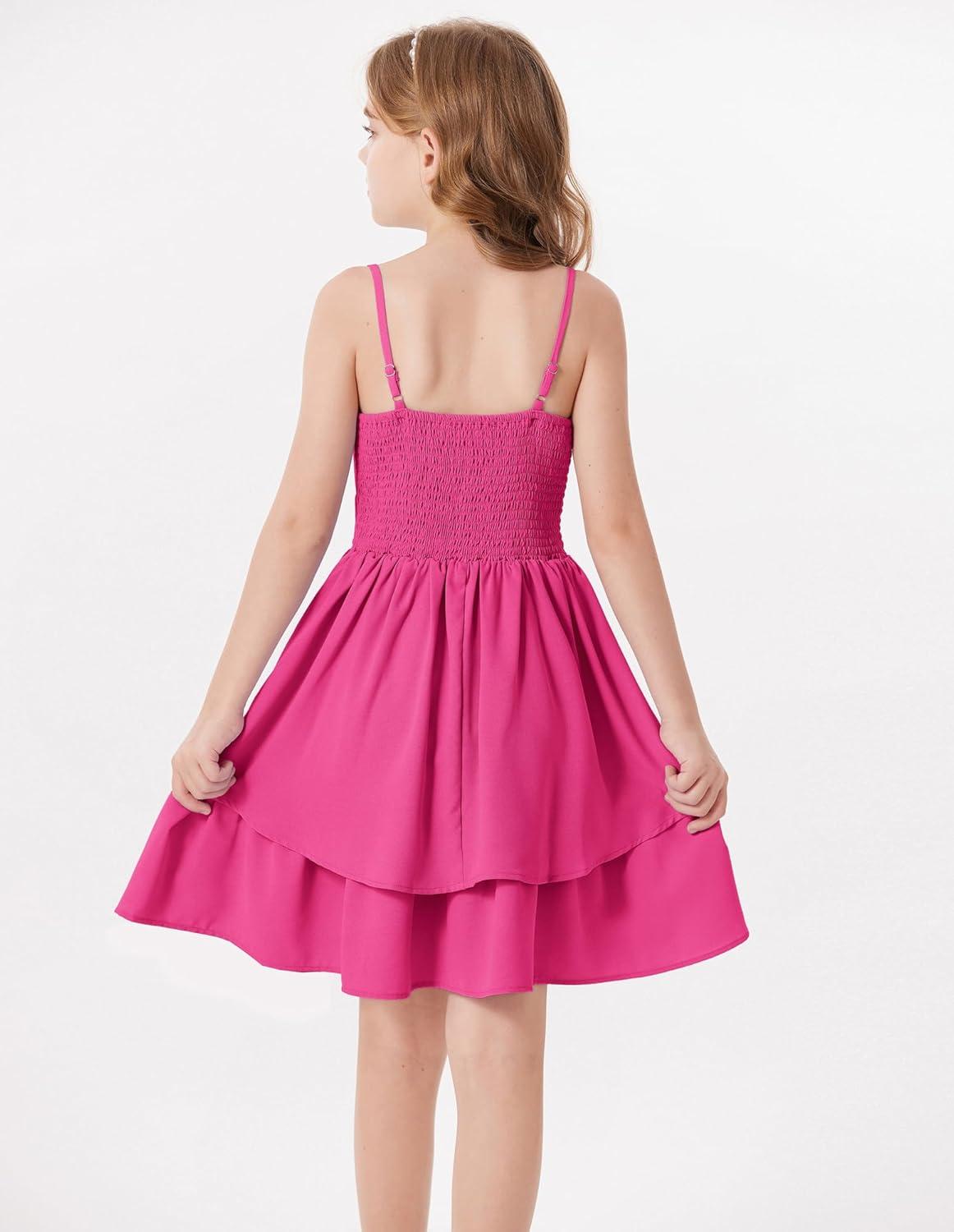imageGRACE KARIN Girls Summer Cami Dress Casual Party Beach Spaghetti Strap Flowy Tiered Ruched Sundress 714YearsRose Red