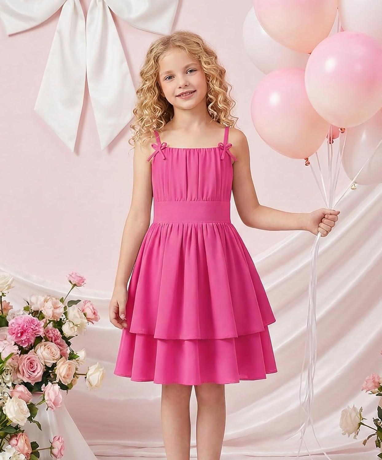 imageGRACE KARIN Girls Summer Cami Dress Casual Party Beach Spaghetti Strap Flowy Tiered Ruched Sundress 714YearsRose Red
