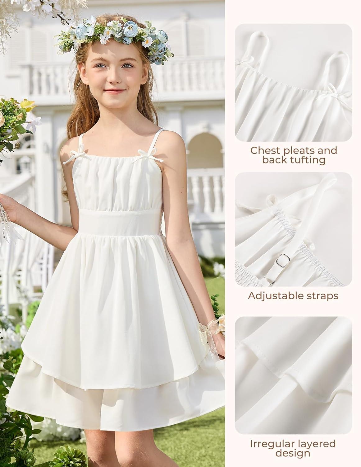 imageGRACE KARIN Girls Summer Cami Dress Casual Party Beach Spaghetti Strap Flowy Tiered Ruched Sundress 714YearsWhite
