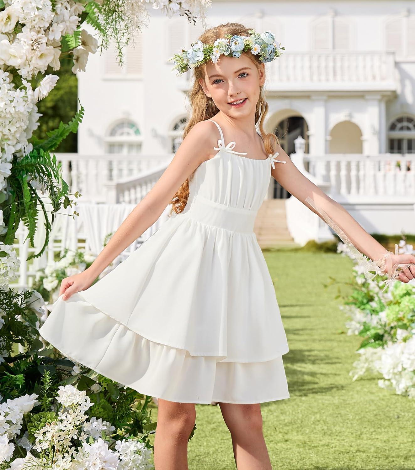 imageGRACE KARIN Girls Summer Cami Dress Casual Party Beach Spaghetti Strap Flowy Tiered Ruched Sundress 714YearsWhite